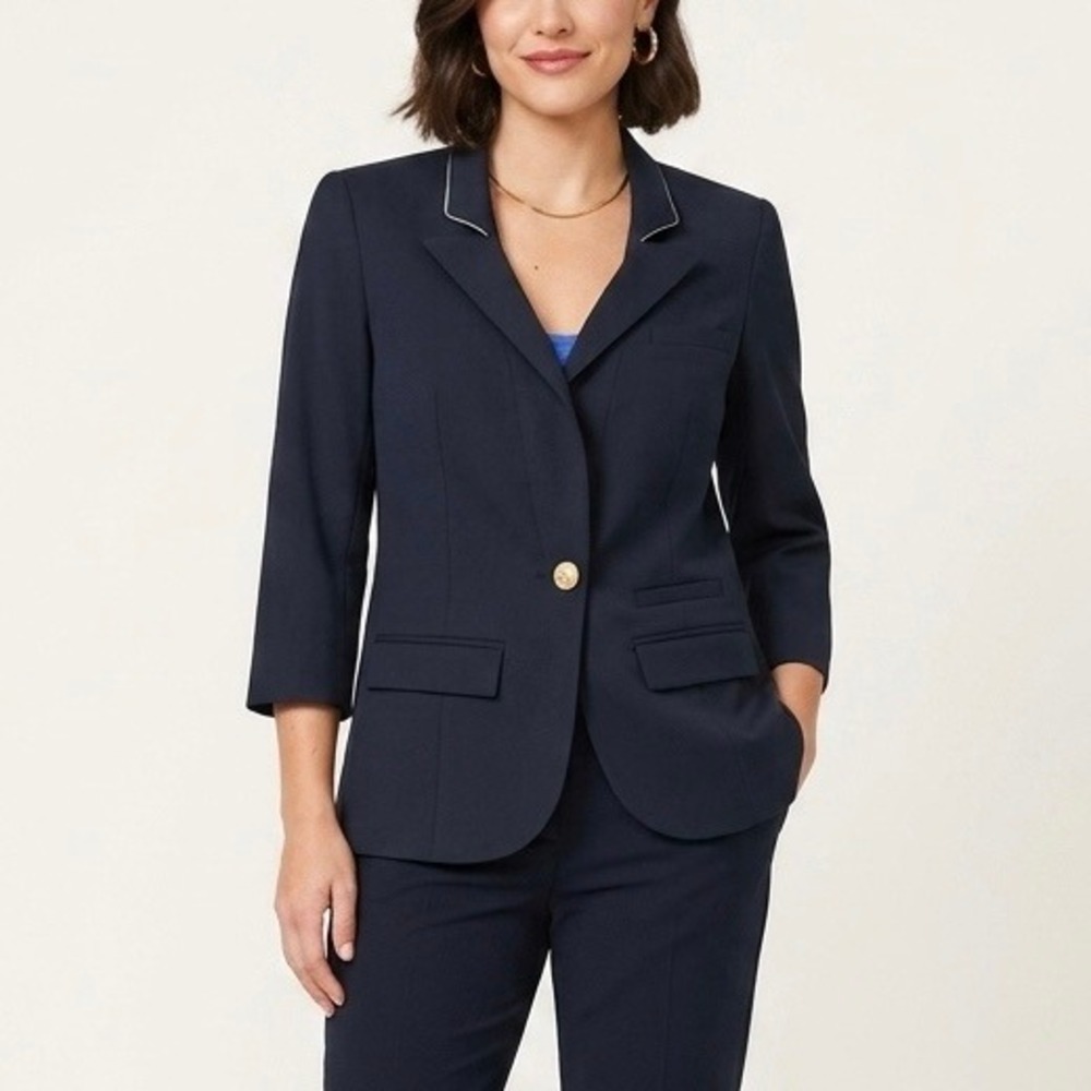 Smythe Les Vestes Navy Wool Blazer Gold Crest Button Contrast Collar Size 4